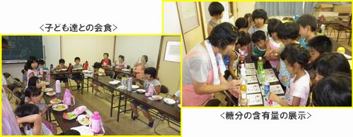 子ども達との会食、ペットボトルジュースに含まれる糖分の含有量の展示